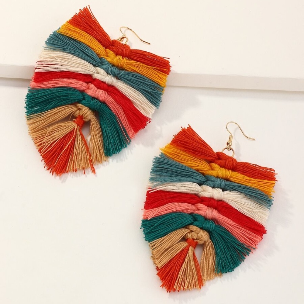 Boho Multicolor Tassel Leaf Shaped Earrings - Picture 1 of 3